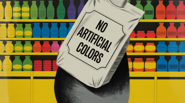 Food product packaging displaying a clean-label no artificial colors claim on shelf