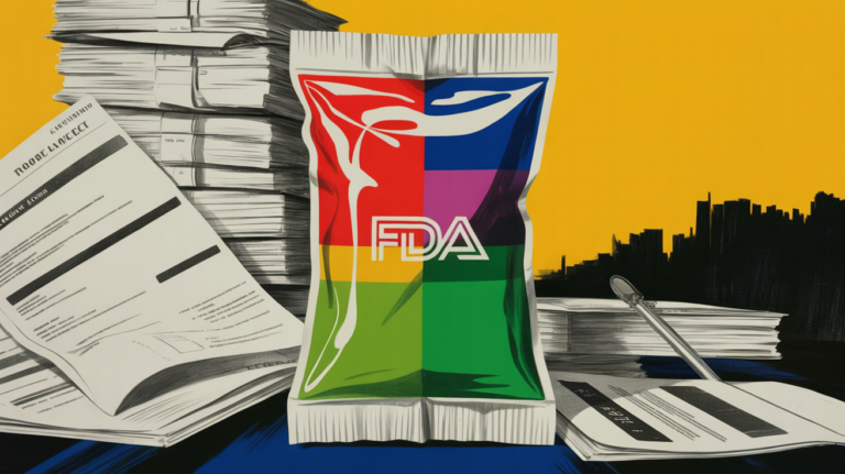 FDA regulatory documents beside colorful synthetic dye food samples on a table