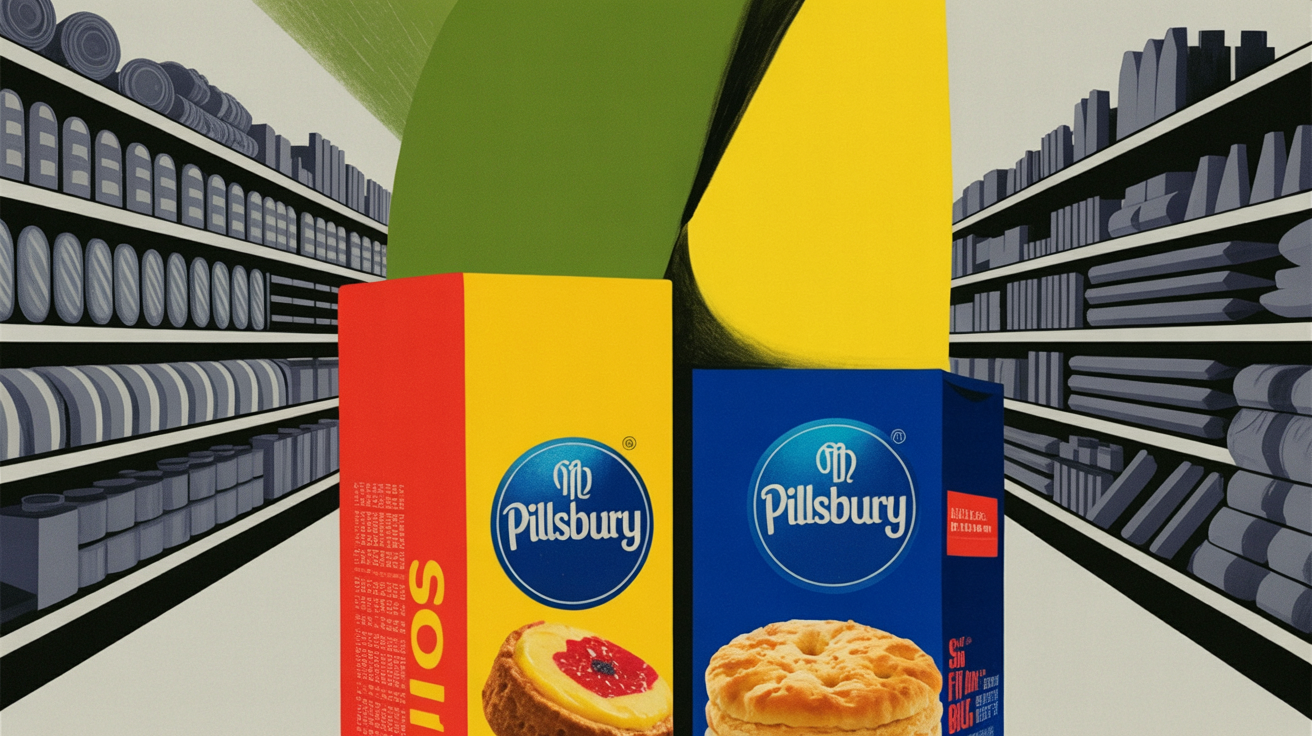 New Pillsbury spicy biscuits and fruit-filled rolls on a retail shelf display.