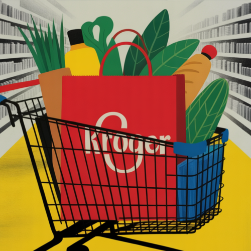 AI-powered grocery cart builder interface displayed on a smartphone in a supermarket aisle.