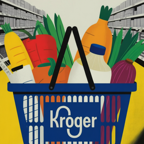 Kroger store aisle with price tags and shoppers browsing shelves