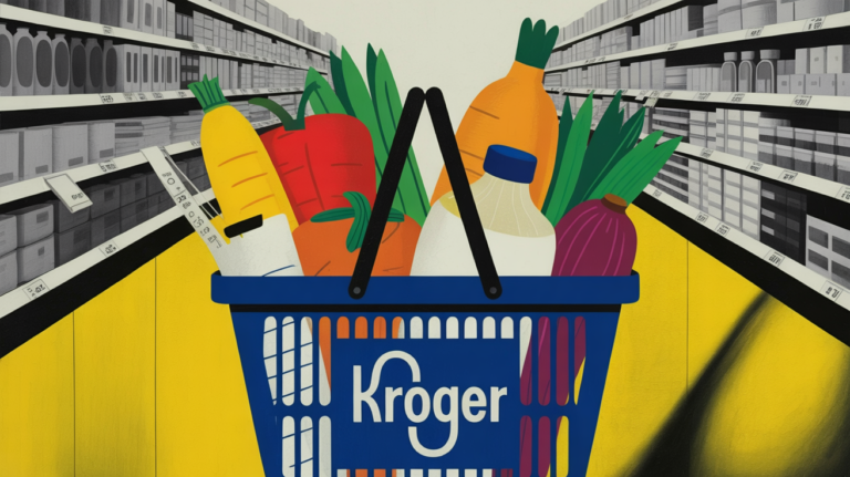 Kroger store aisle with price tags and shoppers browsing shelves