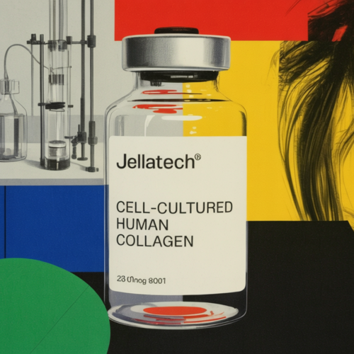 Lab technician examining vials of cell-cultured human collagen in a biotech facility