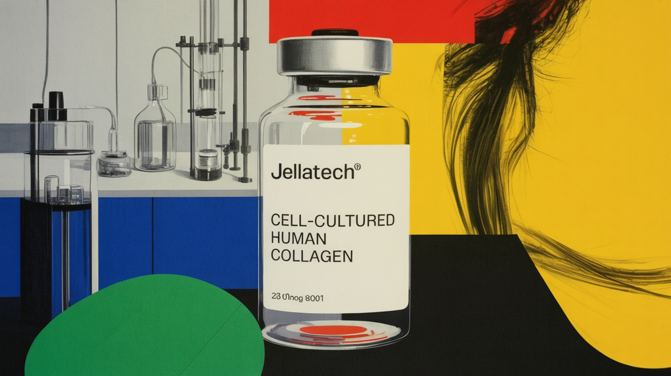 Lab technician examining vials of cell-cultured human collagen in a biotech facility