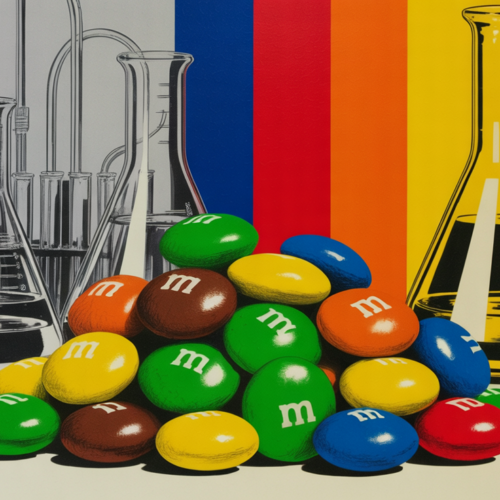 Colorful M&M's candy shells lined up showing vibrant synthetic dye colors under reformulation scrutiny