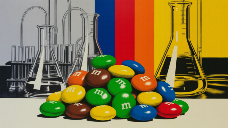 Colorful M&M's candy shells lined up showing vibrant synthetic dye colors under reformulation scrutiny