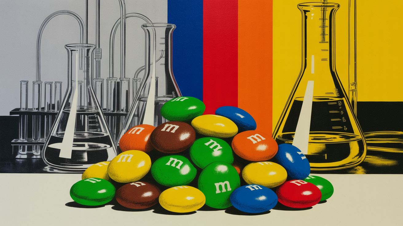 Colorful M&M's candy shells lined up showing vibrant synthetic dye colors under reformulation scrutiny