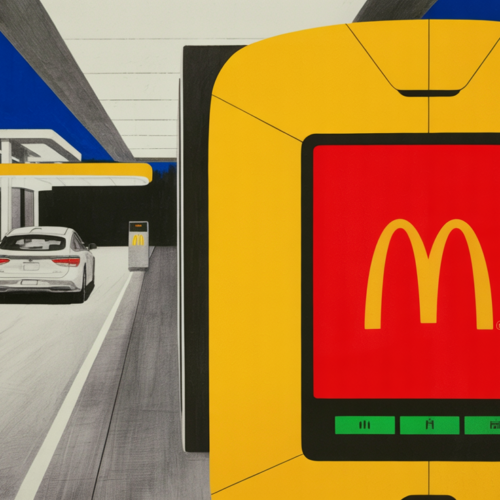 McDonald's drive-thru lane with AI ordering screen and waiting vehicles