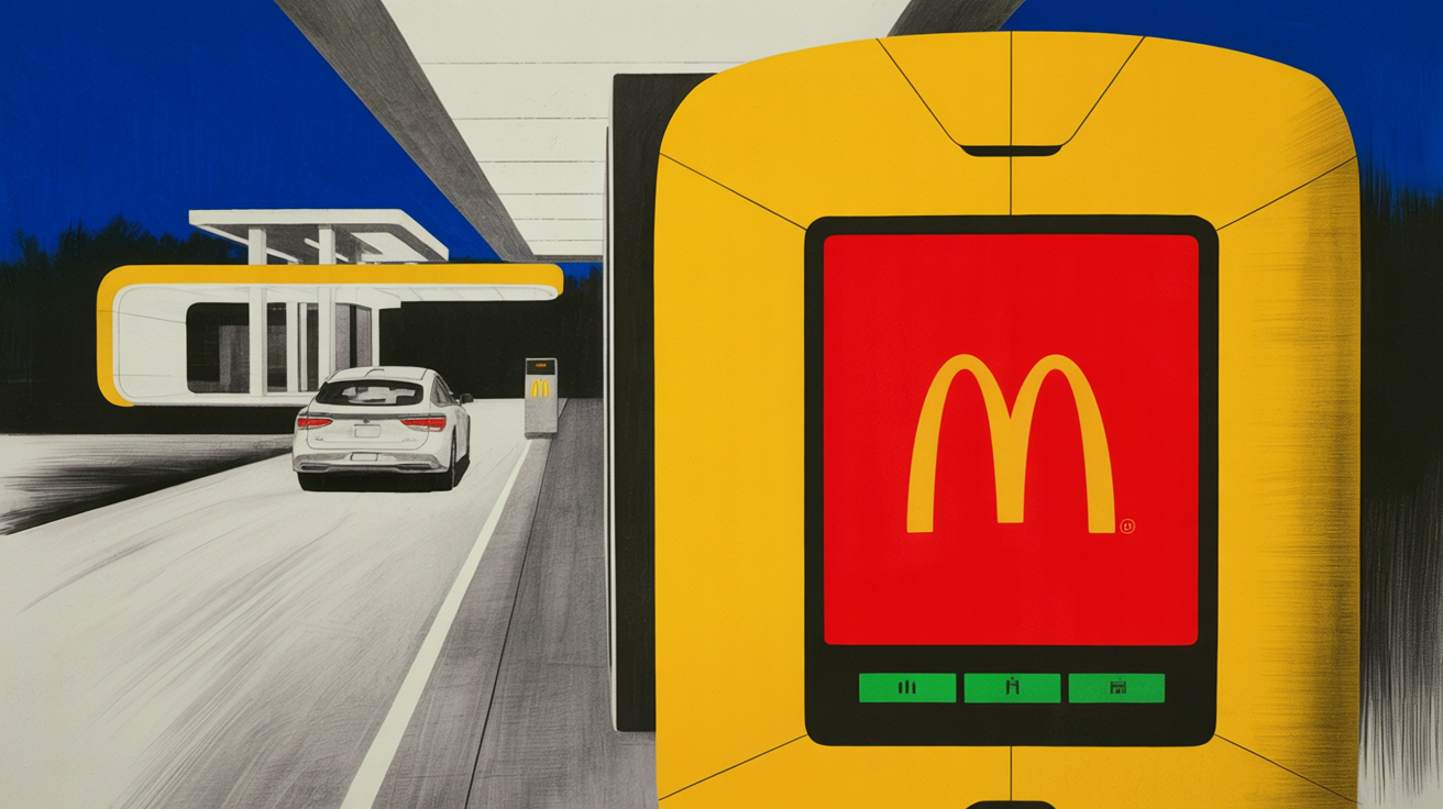 McDonald's drive-thru lane with AI ordering screen and waiting vehicles