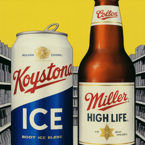 Cans of Miller High Life and Keystone beer on a retail shelf display