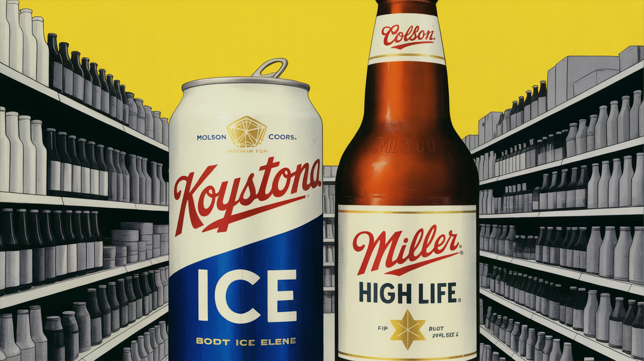 Cans of Miller High Life and Keystone beer on a retail shelf display
