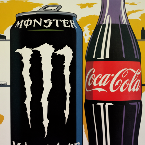Monster Energy cans on a global distribution conveyor belt with Coca-Cola branding visible