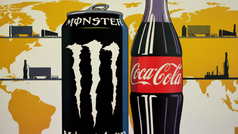 Monster Energy cans on a global distribution conveyor belt with Coca-Cola branding visible