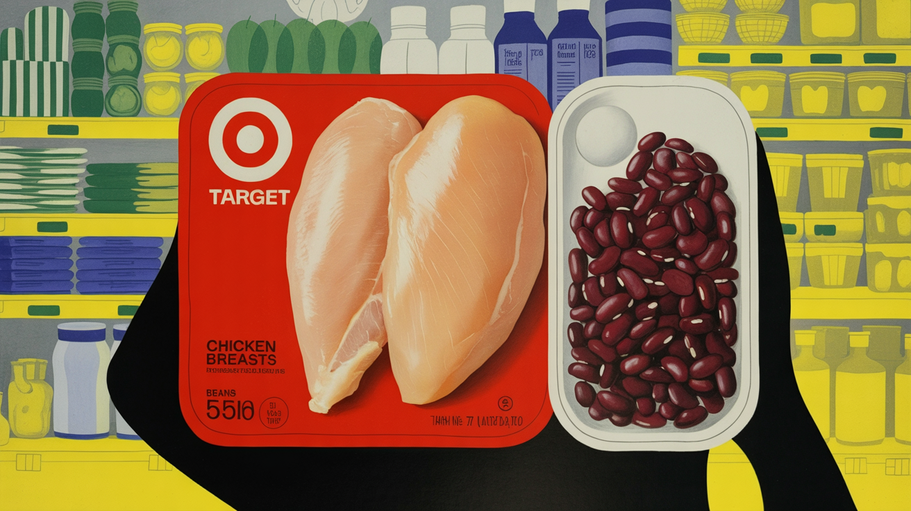 Grocery shopper comparing plant-based and animal protein products at retail shelf