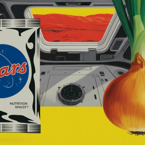 Astronaut examining packaged food aboard a spacecraft bound for Mars