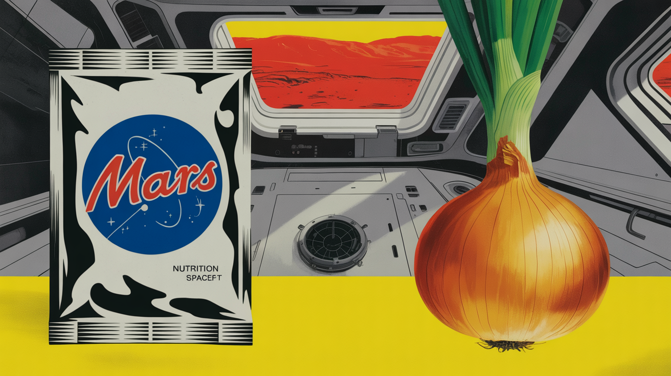 Astronaut examining packaged food aboard a spacecraft bound for Mars