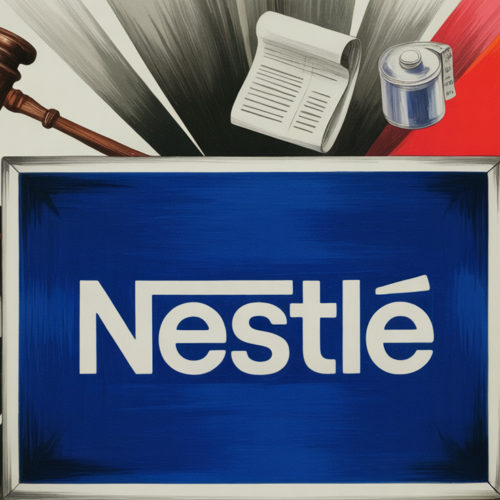 Editorial op-ed political cartoon of the Nestle corporate logo nameplate battered by a storm of news debris -- gavel, downward stock chart, papers, smoke clouds