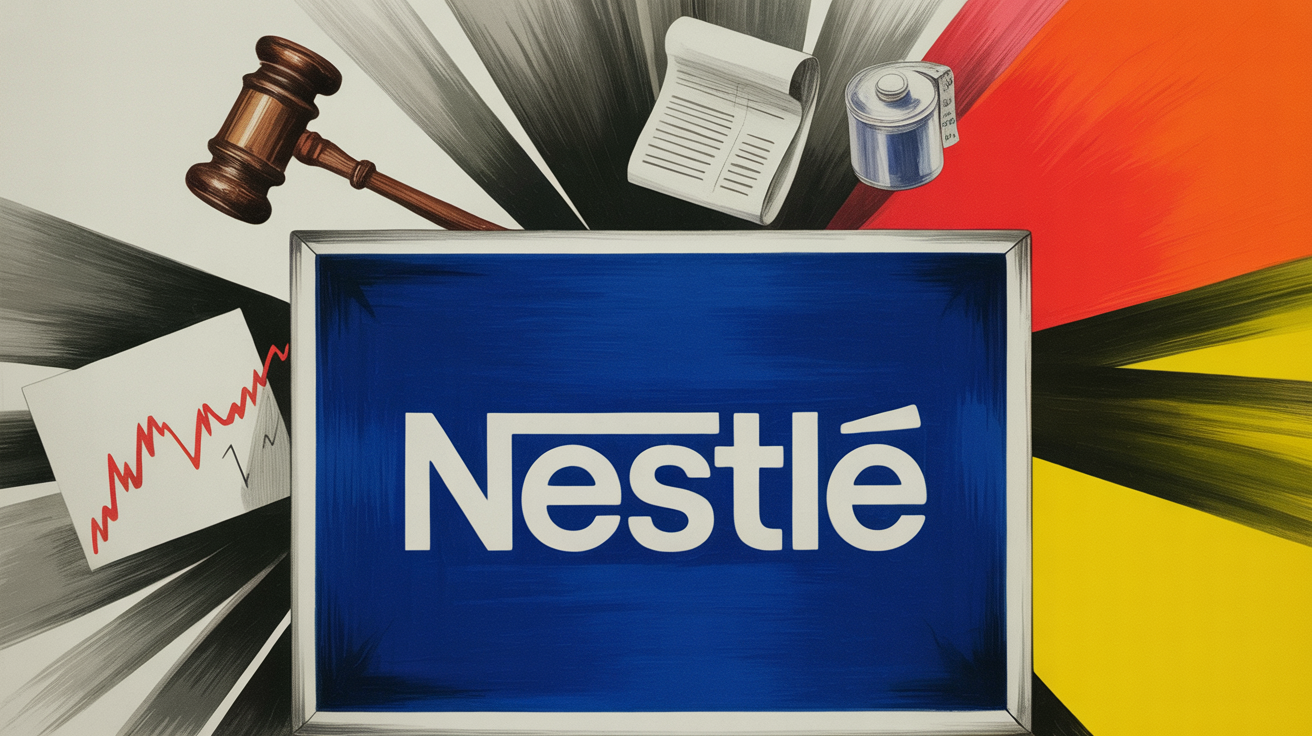 Editorial op-ed political cartoon of the Nestle corporate logo nameplate battered by a storm of news debris -- gavel, downward stock chart, papers, smoke clouds