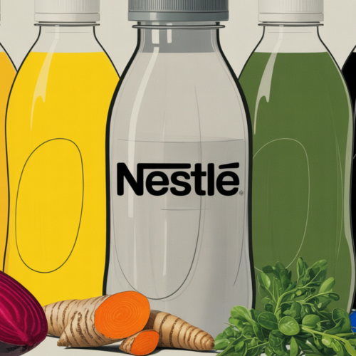 A Nestlé bottle among a spectrum of breakfast-drink bottles beside natural color sources -- beetroot, carrot, and spirulina -- illustrating Nestlé's shift from synthetic dyes to plant-based color