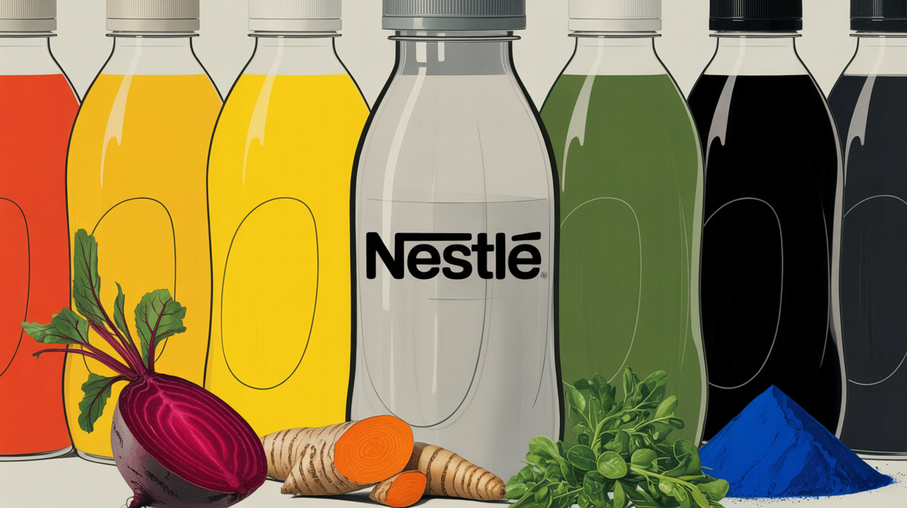 A Nestlé bottle among a spectrum of breakfast-drink bottles beside natural color sources -- beetroot, carrot, and spirulina -- illustrating Nestlé's shift from synthetic dyes to plant-based color
