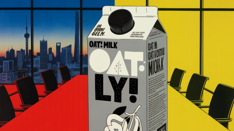 Oatly oat milk cartons in a Greater China retail setting signaling strategic exit