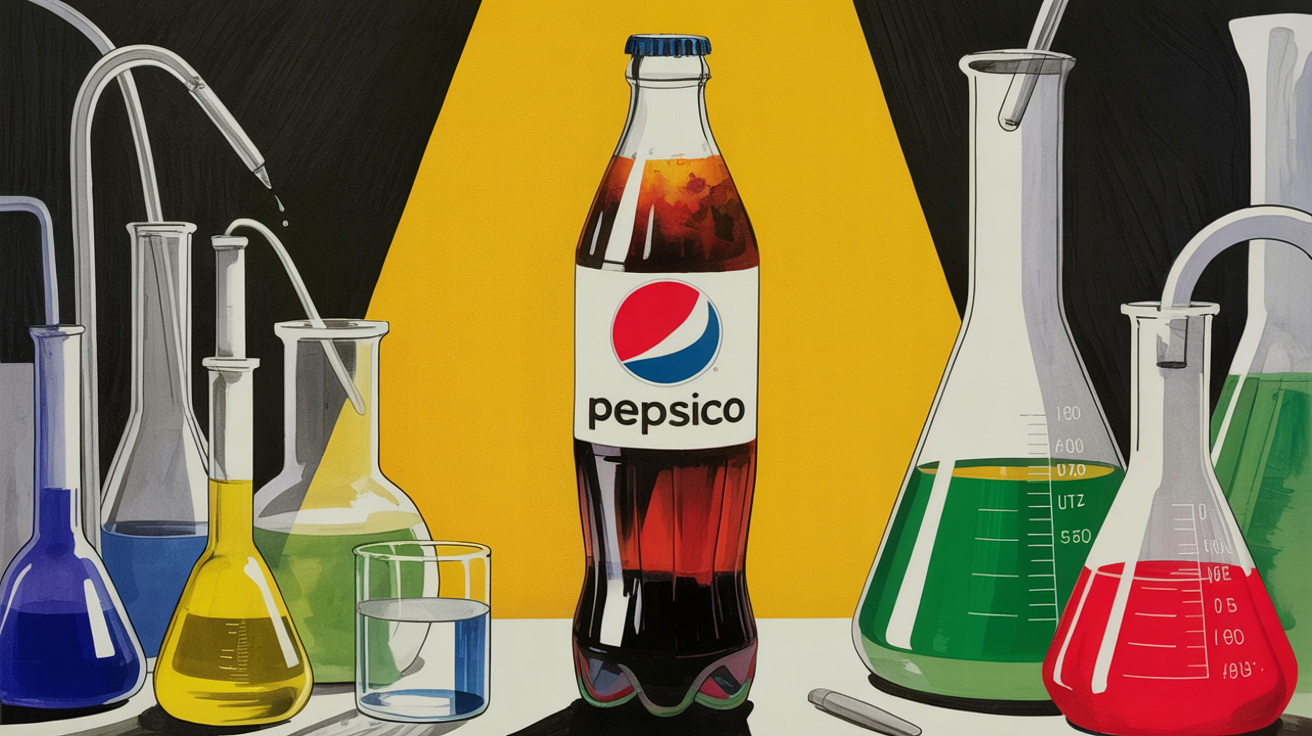 A PepsiCo bottle surrounded by laboratory beakers of colored liquids, illustrating food reformulation research