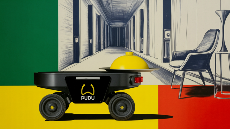 Pudu Robotics delivery robot operating inside a fully automated hotel in China