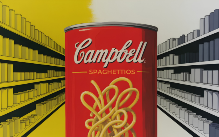 Editorial illustration of a Campbell SpaghettiOs can in a stylized grocery aisle -- the can at the center of a federal contamination lawsuit