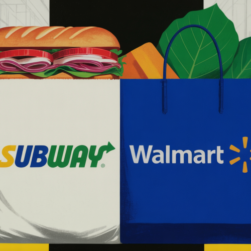 Subway sandwich order displayed alongside Walmart grocery delivery bags at doorstep