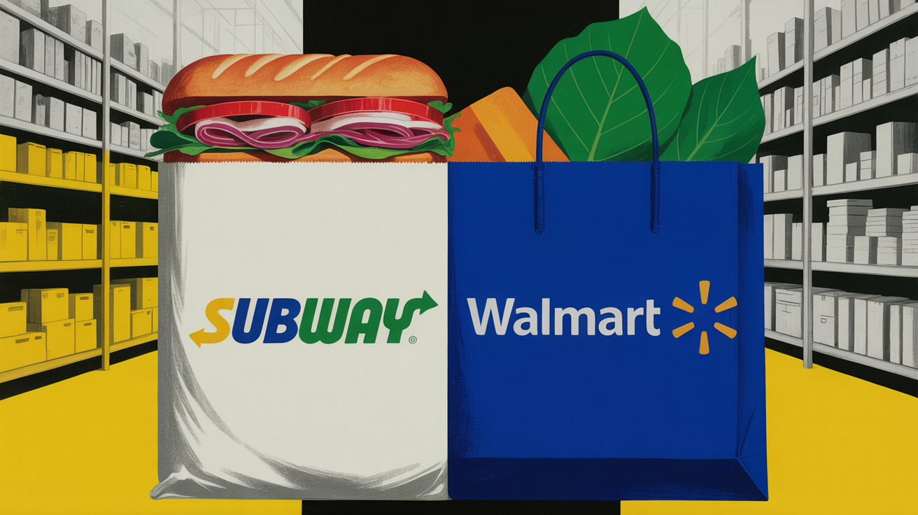 Subway sandwich order displayed alongside Walmart grocery delivery bags at doorstep