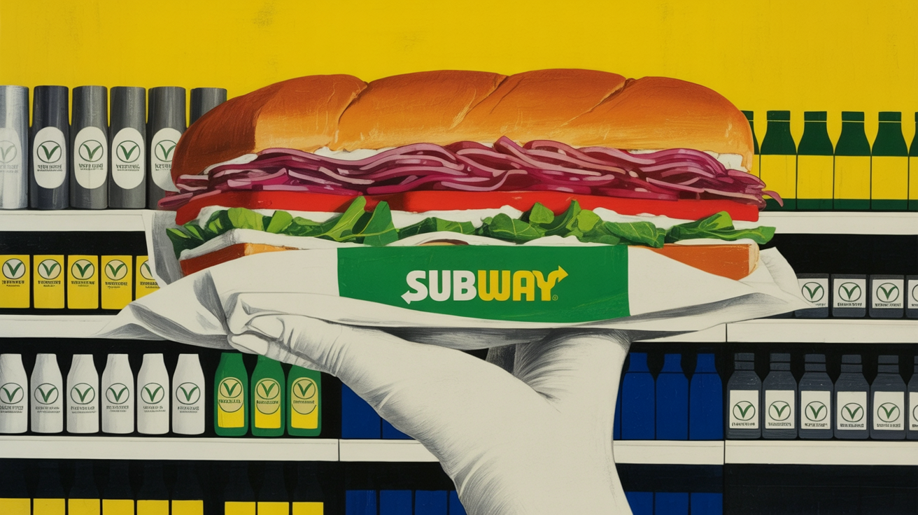 Plant-based fast food items on a counter with vegan label packaging visible