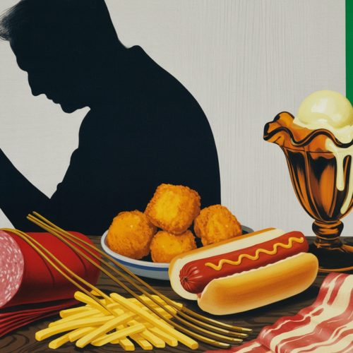 Editorial still life of ultra-processed foods with the long shadow of a bowed elderly man with a cane on the back wall
