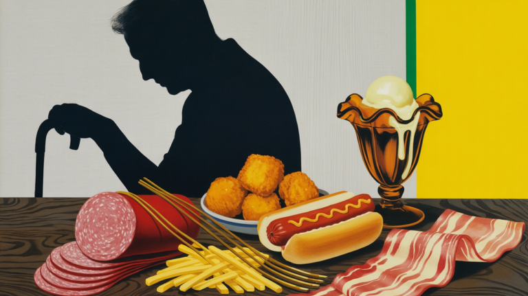 Editorial still life of ultra-processed foods with the long shadow of a bowed elderly man with a cane on the back wall