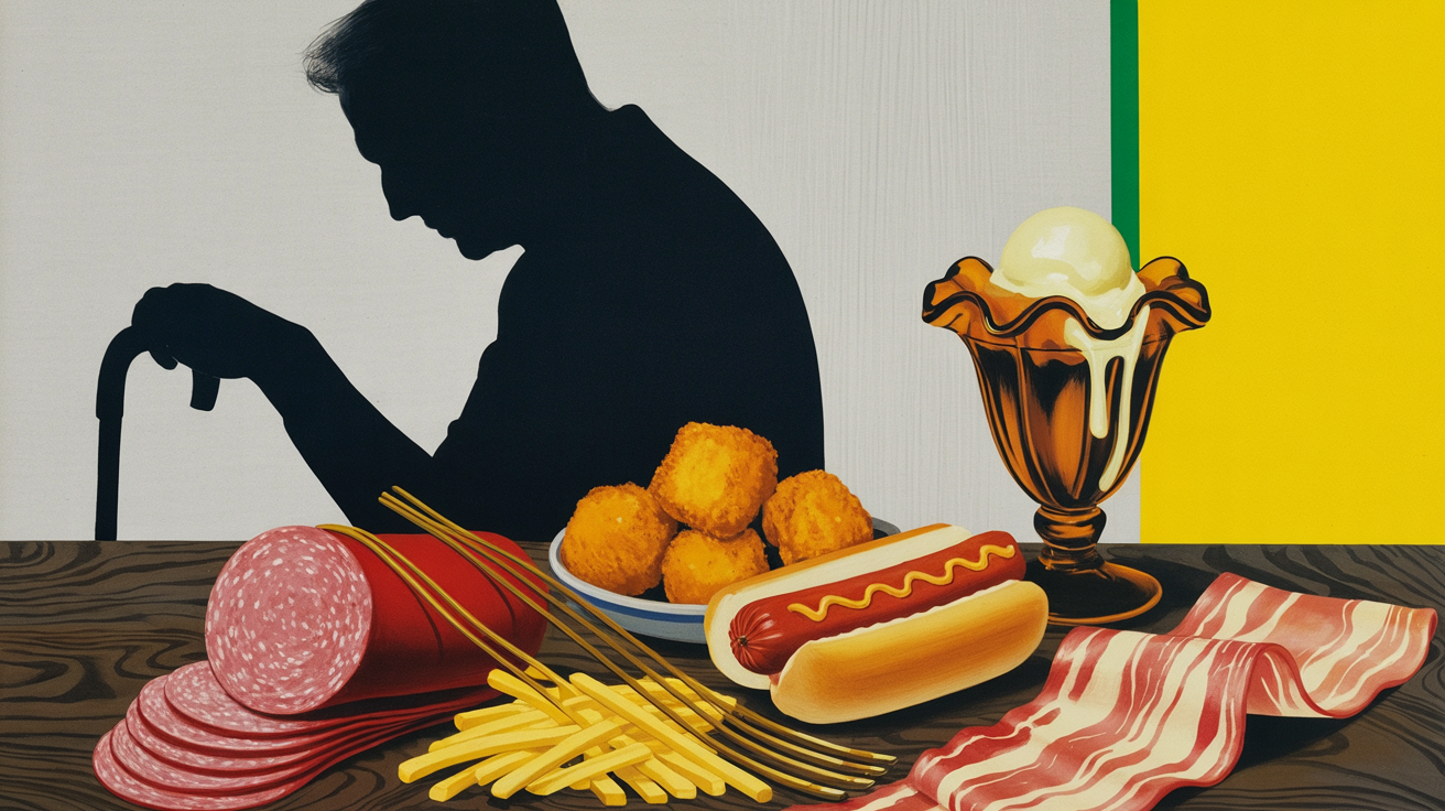 Editorial still life of ultra-processed foods with the long shadow of a bowed elderly man with a cane on the back wall