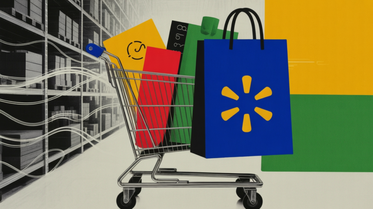Walmart headquarters exterior with digital AI interface overlay representing retail technology