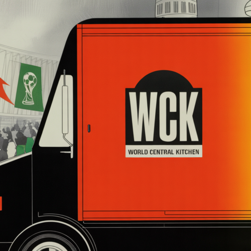 World Central Kitchen food truck serving free snacks at a World Cup fan zone.