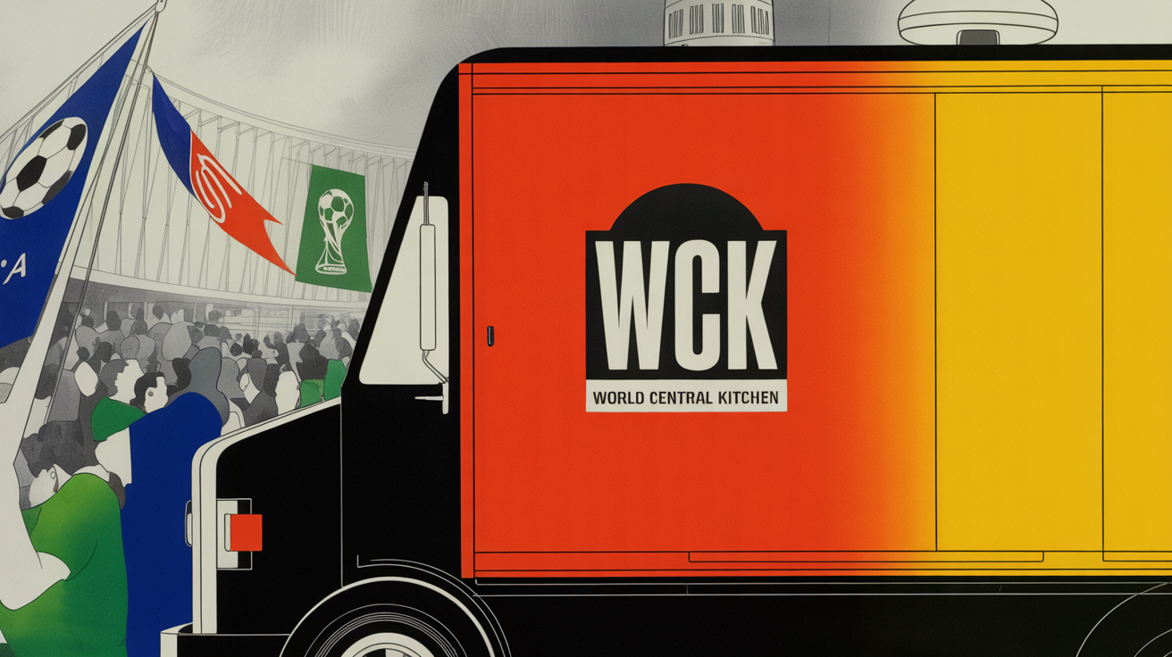 World Central Kitchen food truck serving free snacks at a World Cup fan zone.
