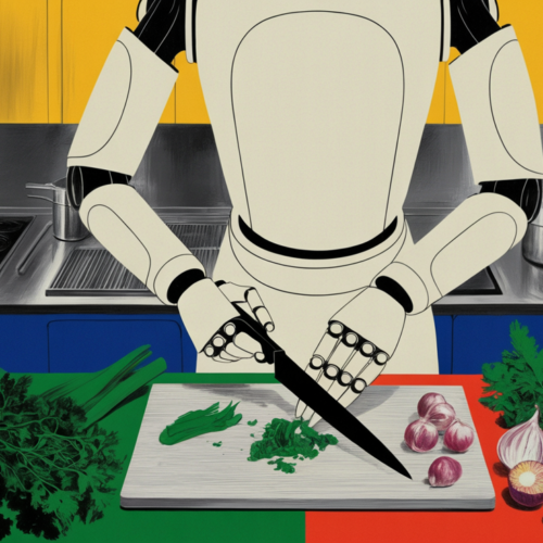 Humanoid robot performing dexterous food preparation tasks in a commercial kitchen setting