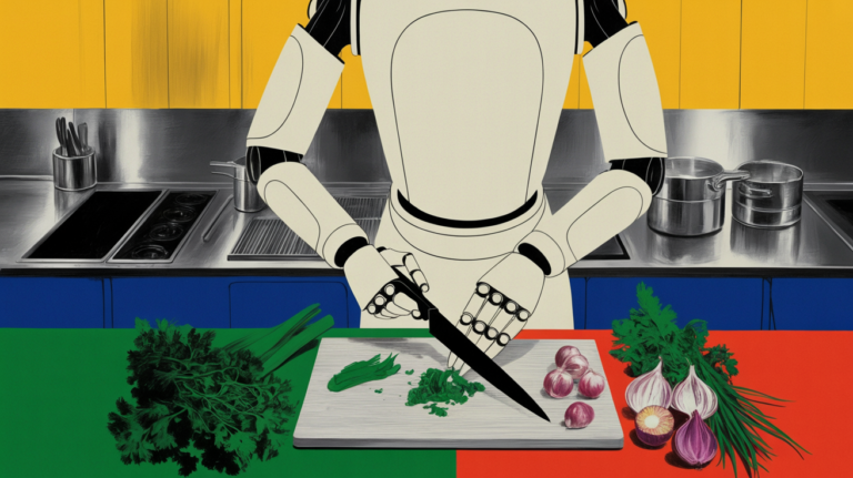 Humanoid robot performing dexterous food preparation tasks in a commercial kitchen setting