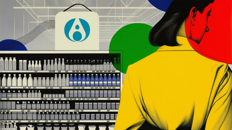 Albertsons store aisle with digital shelf technology and AI data overlay concept