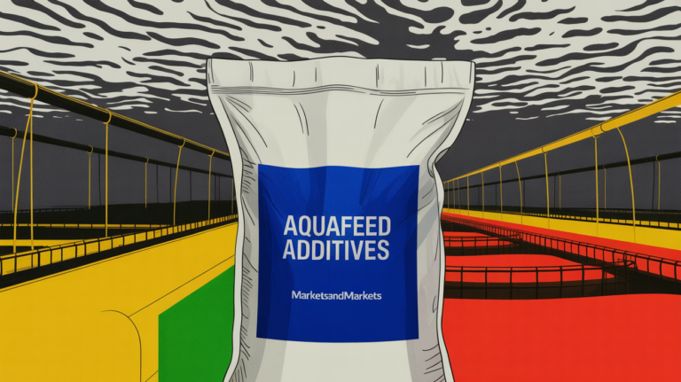 Commercial aquaculture fish farm with feed additives and sustainability focus