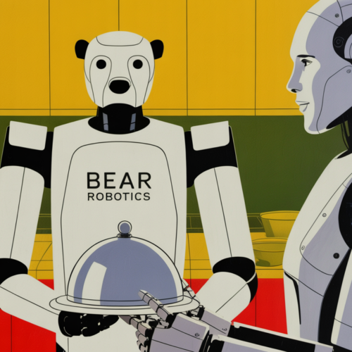 A humanoid robot standing in a commercial kitchen alongside a food-service worker.