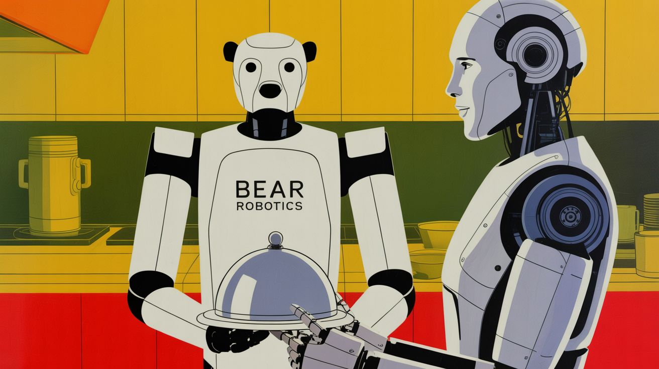 A humanoid robot standing in a commercial kitchen alongside a food-service worker.