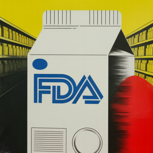 FDA building exterior with ultra-processed snack food products in the foreground