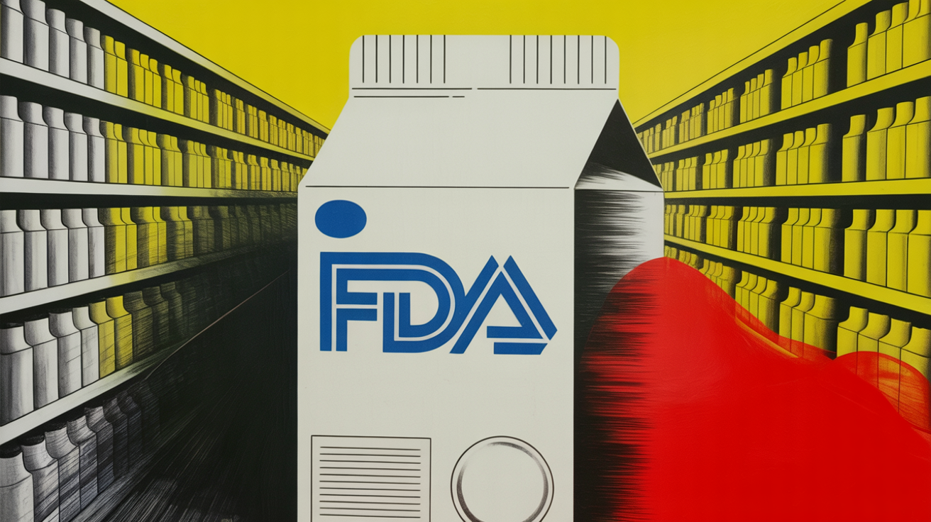 FDA building exterior with ultra-processed snack food products in the foreground