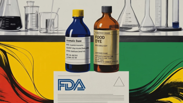 Blue and amber bottles labeled Aromatic Base and Food Dye on a lab shelf with an FDA envelope