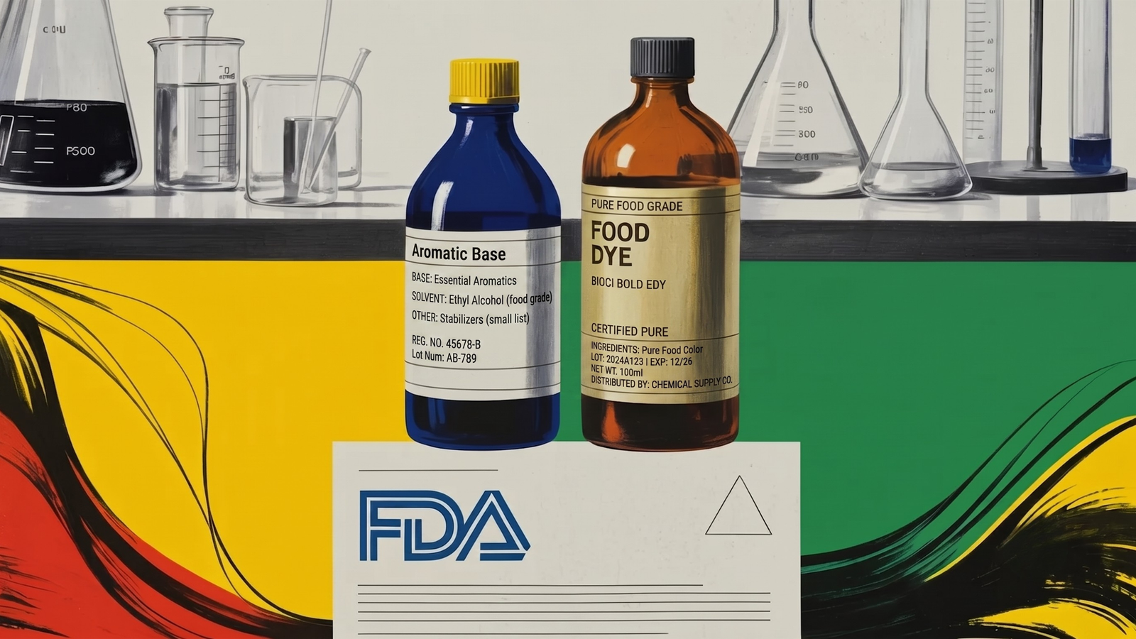 Blue and amber bottles labeled Aromatic Base and Food Dye on a lab shelf with an FDA envelope