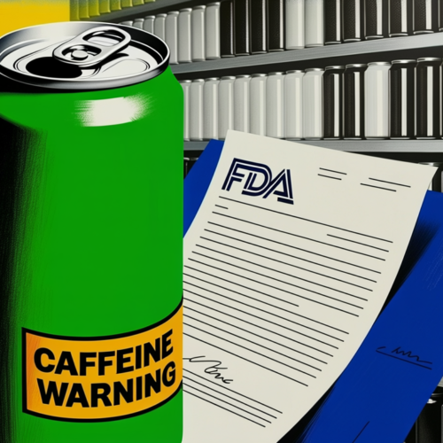 Energy drink cans lined up with visible caffeine content labels under regulatory review