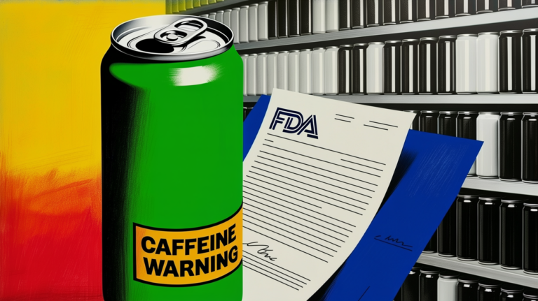 Energy drink cans lined up with visible caffeine content labels under regulatory review