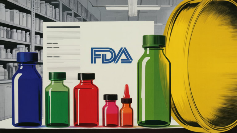 FDA regulatory documents and synthetic food dye samples on a laboratory table